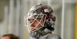 FOTO: Merzļikins un Latvijas hokeja izlases treniņš
