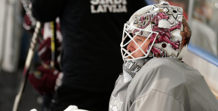 FOTO: Merzļikins un Latvijas hokeja izlases treniņš